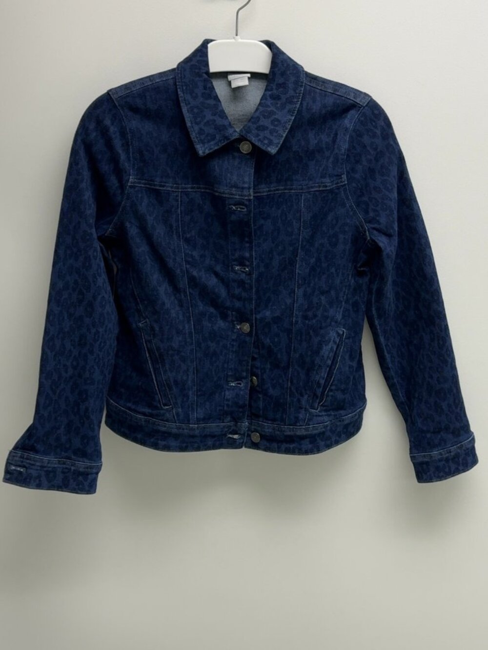 Chico's Blue Leopard Print Denim Jacket size 0